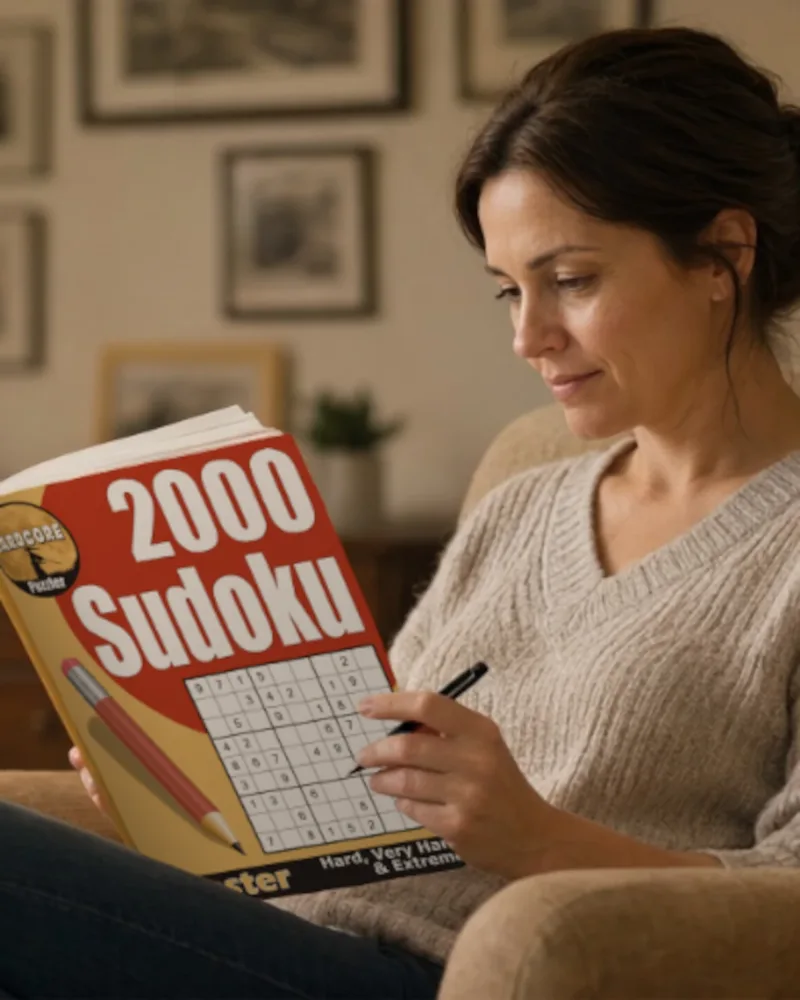 A reader relaxing in an armchair with a Hardcore Puzzler 2000 Sudoku book
